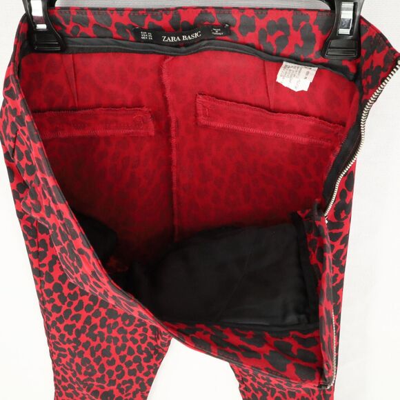 Zara Basic Pants Womens XS Red Black Animal Print Stretch Side Zip Mob Wife - Picture 10 of 12